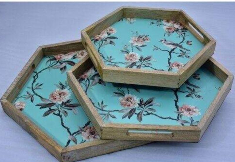 Hexagon Design Wooden Enamel Tray, For Homes, Hotels, Restaurants, Wedding, Feature : Unmatched Quality