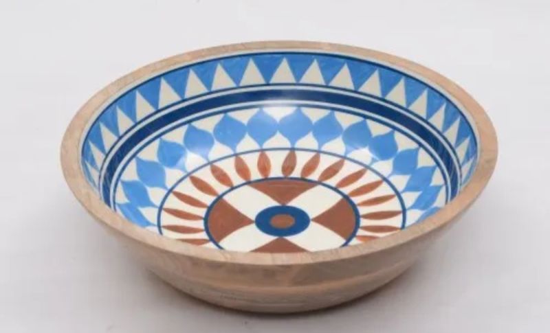Light Blue A.s International Round Coated Printed Wooden Enamel Salad Bowl, For Dining