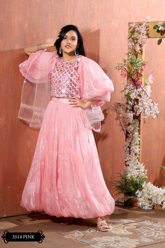 Girls Baggy Sleeves Pink Lehenga, Feature : Stitched, Elegant Design, Breathable