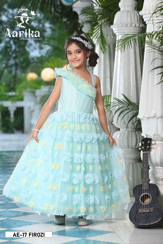 Girls Designer Firozi Color Gown, Feature : Comfortable, Impeccable Finish, Soft Texture