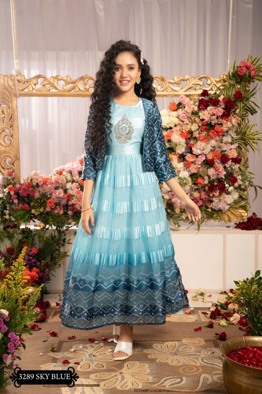 Girls Georgette Satin Jaipuri Print Gown, Feature : Anti-Static, Comfortable, Easy Washable