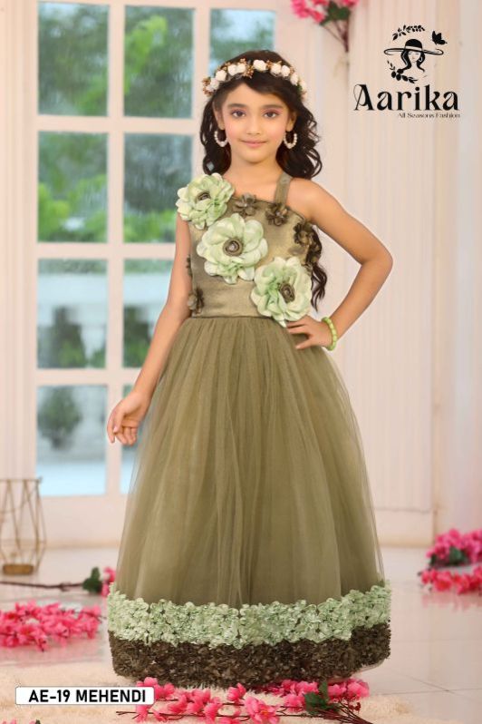 Girls Mehendi Color Nylon Net Fabric Gown