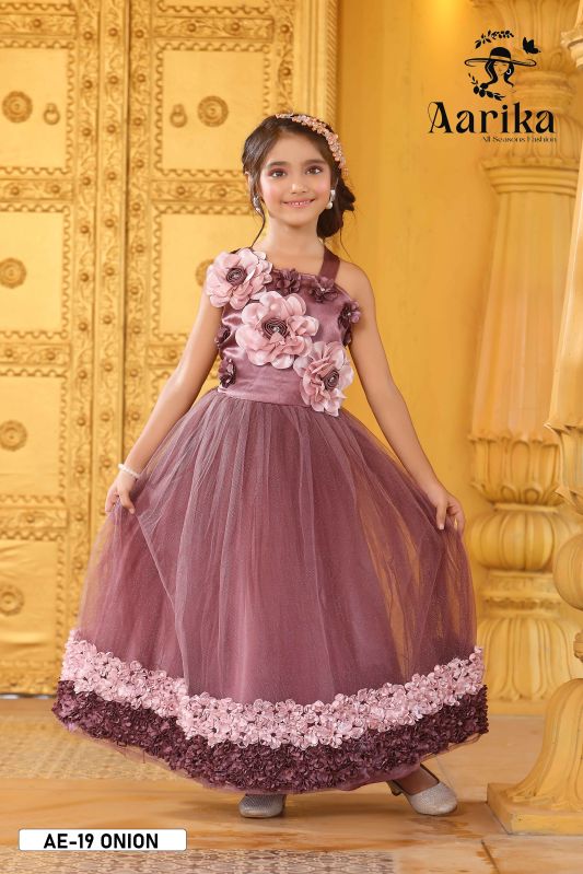 Girls Onion Color Nylon Net Fabric Gown