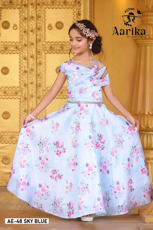 Girls Sky Blue Digital Print Gown, Feature : Anti-Static, Easy Washable, Impeccable Finish, Soft Texture