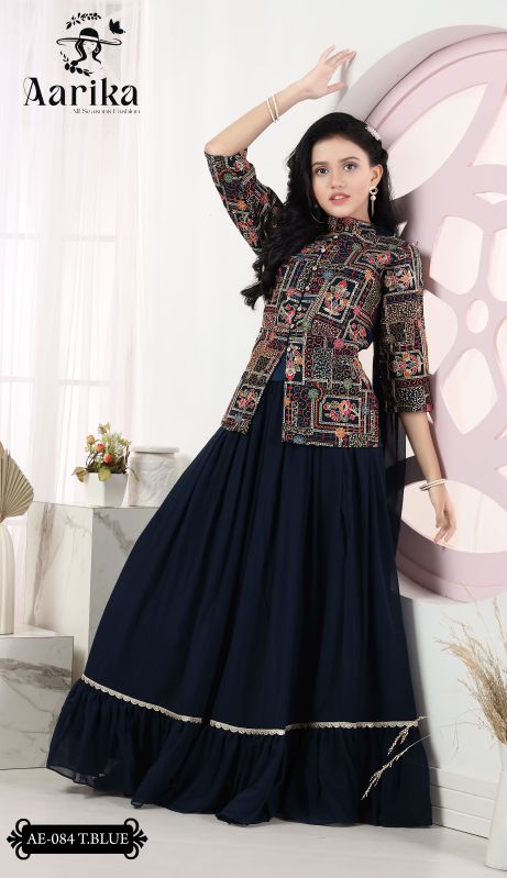 Girls T Blue Color Embroidered Lehenga, Feature : Stitched, Elegant Design, Breathable