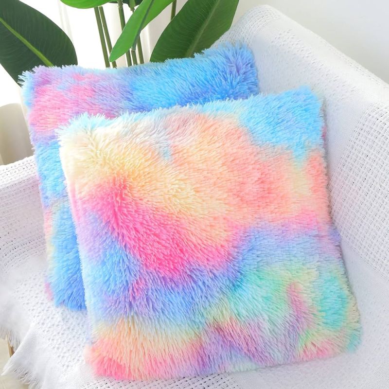 Multi Color Square Rainbow Fur Pillow, Technics : Machine Made
