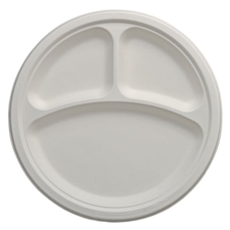 Round 10 Inch 3 Compartment Bagasse Plate, Color : White