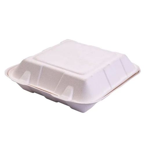 White Square 8 Inch Bagasse Clamshell Box, for Food Packaging
