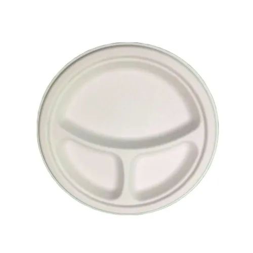 White Round 9 Inch 3 Compartment Bagasse Plate