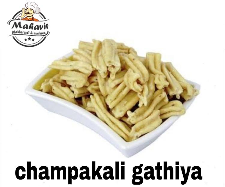 Yellow Mahavir Champakali Gathiya Namkeen, for Snacks, Home, Style : Fried