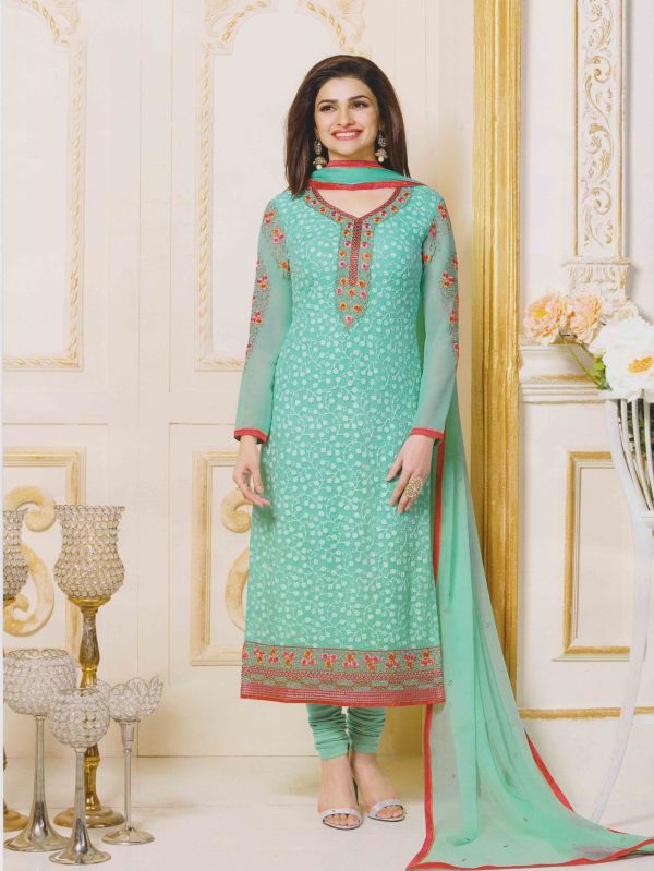 Green Full Sleeves Ladies Party Wear Embroidery Suit, Feature : Quick Dry, Anti Wrinkle, Anti Shrink