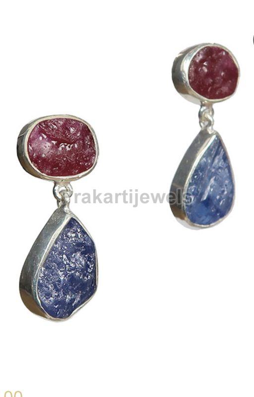 Ladies Rough Ruby and Tanzanite Earrings, Style : Antique