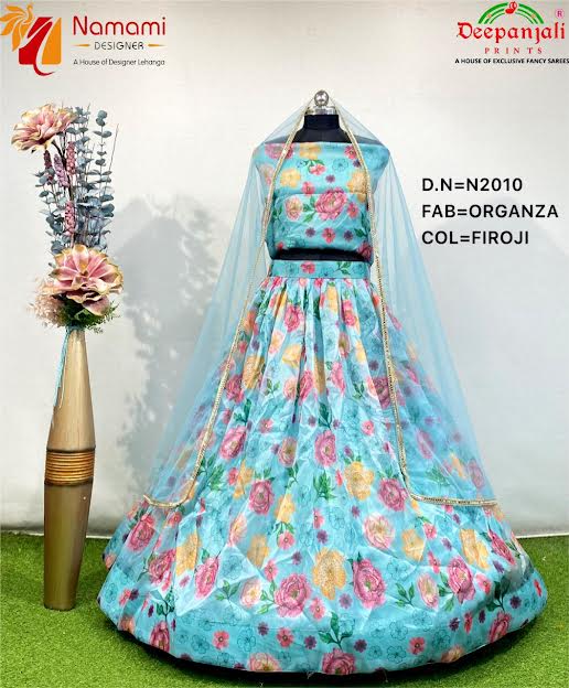 Firoji Organza Lehenga Choli, Feature : Stitched, Elegant Design