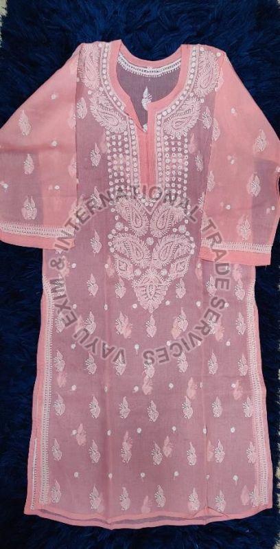 Light Pink Lucknowi Chikankari Kurti, Size : S, M, XL