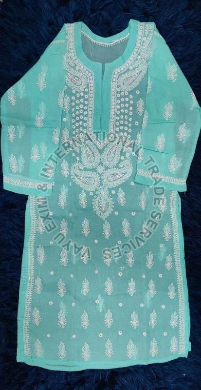 Sky Blue Lucknowi Chikankari Kurti, Size : M, XL