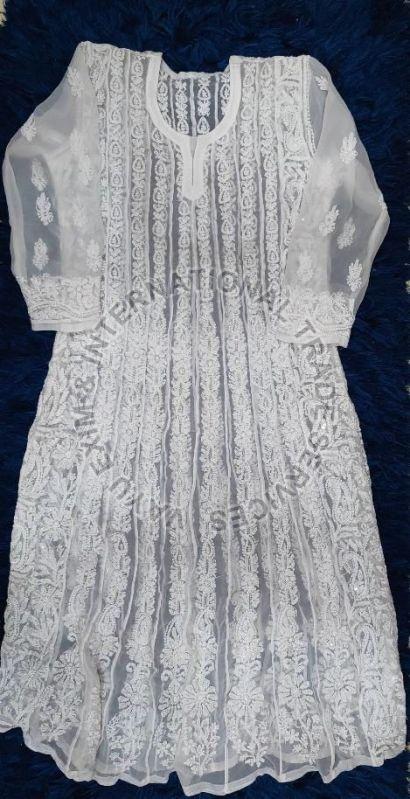 Georgette White Lucknowi Chikankari Kurti, Size : S, M, XL