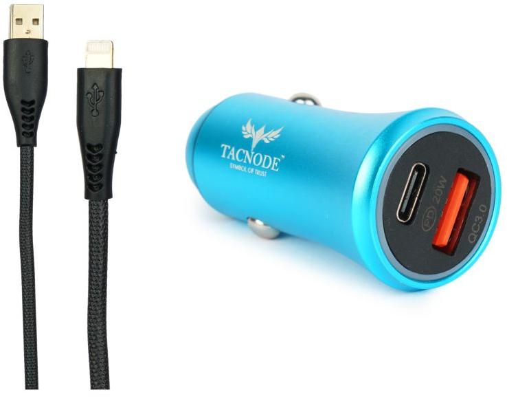 Tacnode Super fast Usb & Type C Port Car Charger 20 Watt with Usb to Apple Cable