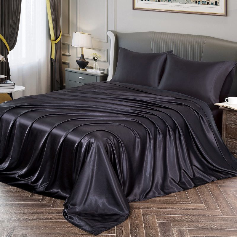 Black Plain Satin Bed Sheet, for Home, Hotel, House, Length : Standard