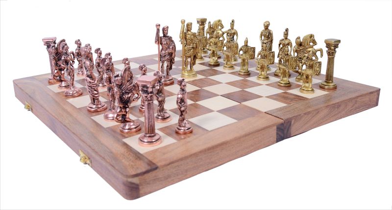 Antique Brass Chess Roman Figures Folding Wooden Chess Board