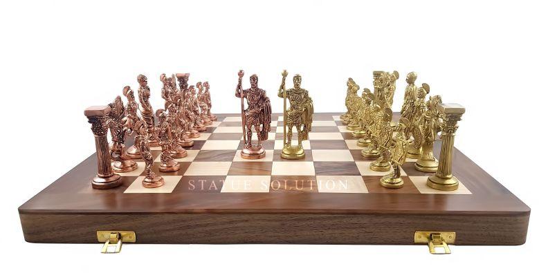 Antique Brass Chess Roman Figures Folding Wooden Chess Board