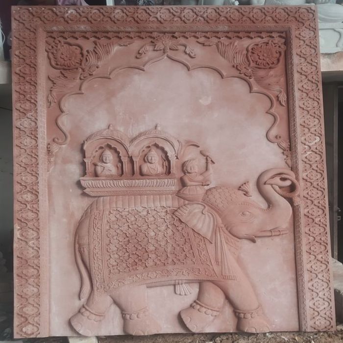 Pink Rectangle Carved Stone Elephant Wall Panel