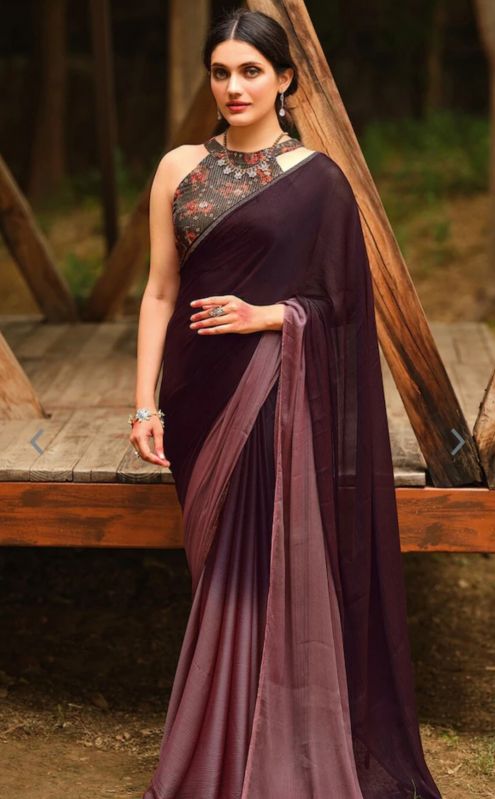 Purple Ombre Pure Chiffon Saree