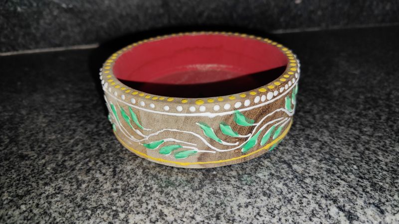 Multi Colour Kamal Art Round Wooden Hand Printed Bowl