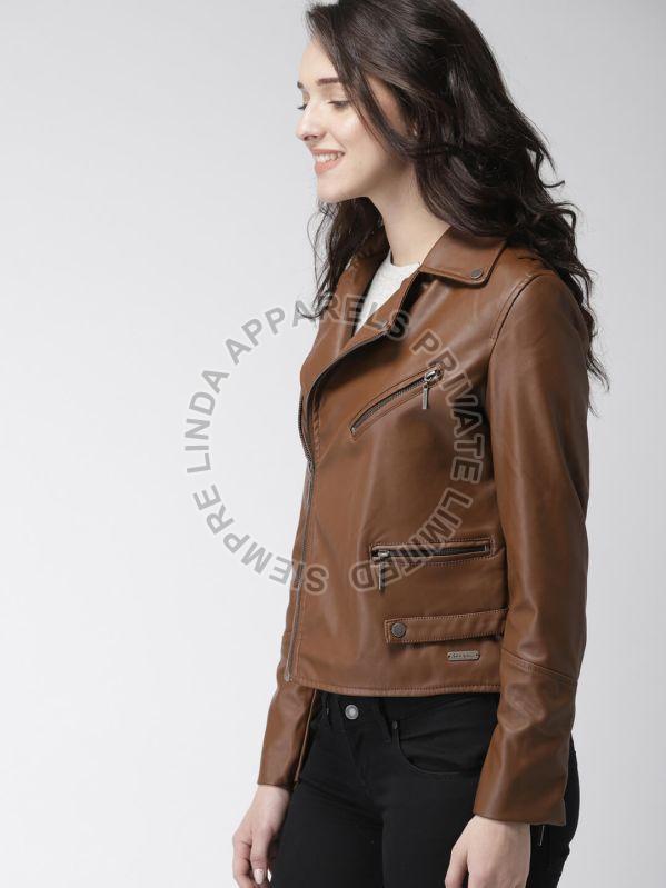 Brown Full Sleeves Plain Ladies Leather Jacket, Technics : Machine Made