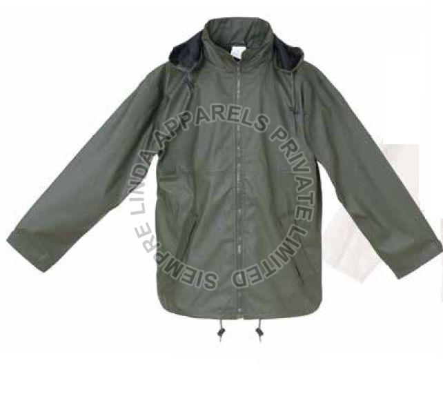 Full Sleeves Plain PU Green Rain Jacket, Feature : Waterproof, Comfortable, Attractive Designs, Wind Proof