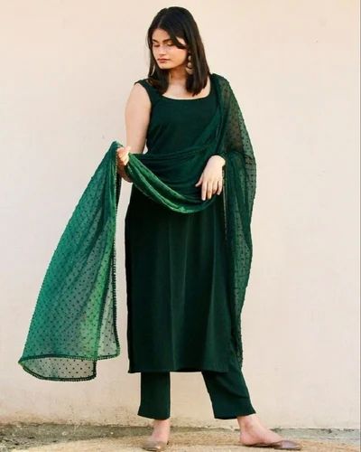 Green Cotton Palazzo Suit With Dupatta