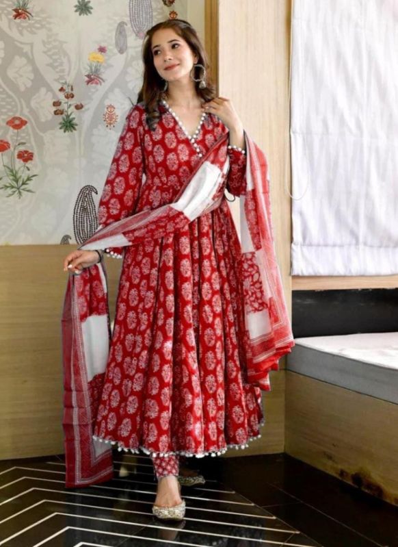 Red Rayon Printed Anarkali Suit, Occasion : Party Wear