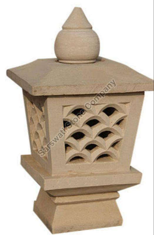 Light Brown Square Carved Polished Sandstone Lamp