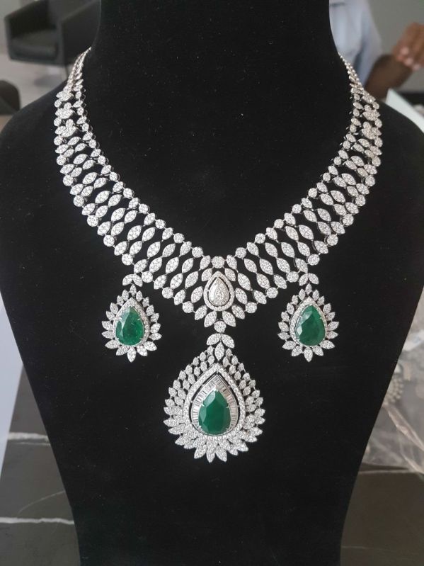 Silrver Greenstone Real Diamond Necklace, Gender : Female, Packaging ...