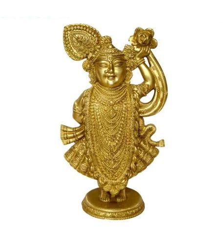Golden 13 Inch Brass Krishna Statue, for Temple, Interior Decor, Packaging Type : Thermocol Box