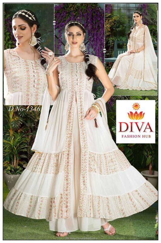 Diva White Georgette Palazzo Suits, Technics : Machine Made