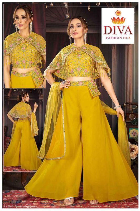 Diva Embroidered Yellow Georgette Palazzo Suits, Technics : Machine Made