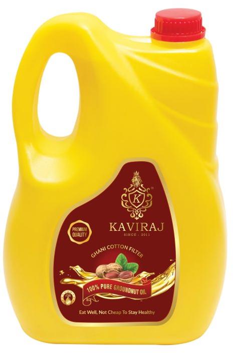 Yellow 5 Litre Kaviraj Premium Groundnut Oil, for Cooking, Certification : FSSAI Certified