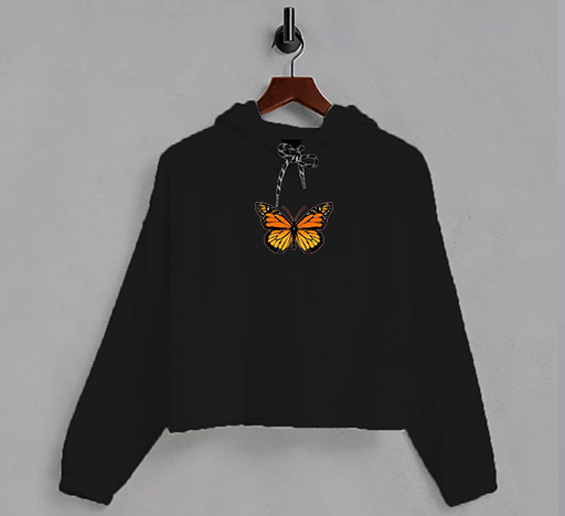 Orange Butterfly Printed Black Crop Hoodie