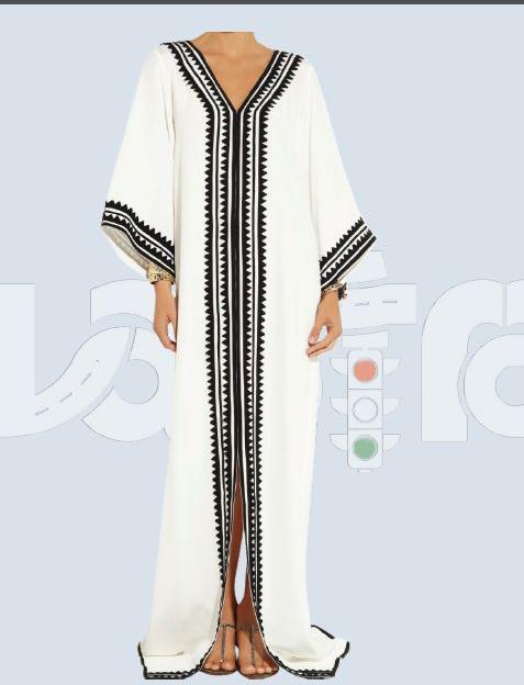 Viscose Cambridge Cotton Kaftan with Black Conical Design Lace