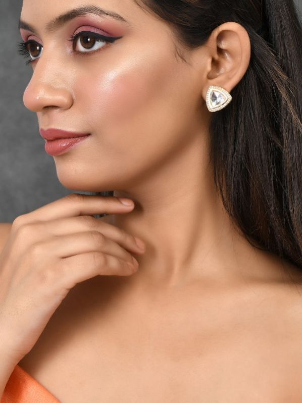 SH29-ER-BM-3469 Gold Toned Polki Triangle Studs