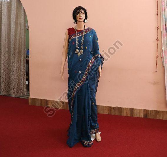 Embroidered Blue Khadi Cotton Sarees, Occasion : Party Wear