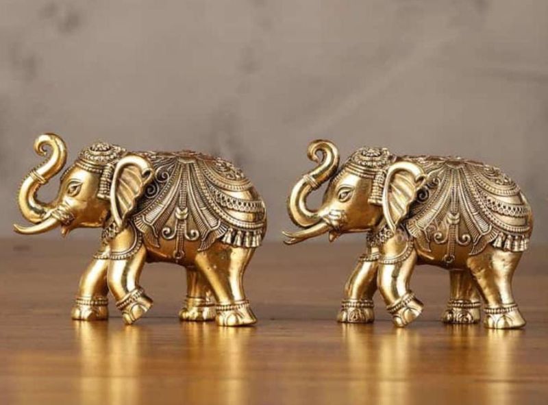 Golden Carved Polished Brass Elephant Statue, for Interior Decor, Style Type : Contemporary