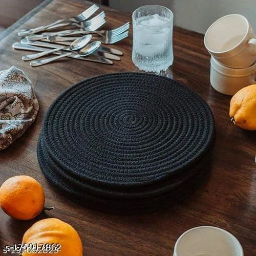 Uzer Round Plain Black Jute Table Placemats, for Homes, Hotels, Resorts, Style : Modern