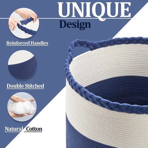 Blue & White Cotton Laundry Basket, Feature : Re-usability, Washable