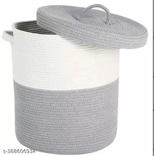 Grey & White Cotton Laundry Basket, Feature : Re-usability, Washable