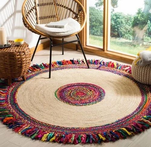 Multicolor Uzer Round Plain Jute Chindi Braided Rug, for Floor, Packaging Type : Carton Box