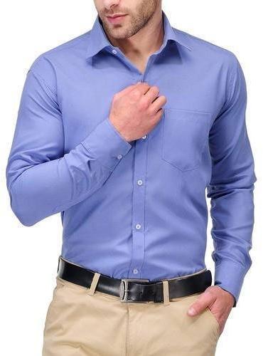 Blue Regular Fit Full Sleeves Plain Collar Neck Cotton Mens Formal Shirt, Packaging Type : Plastic Bag