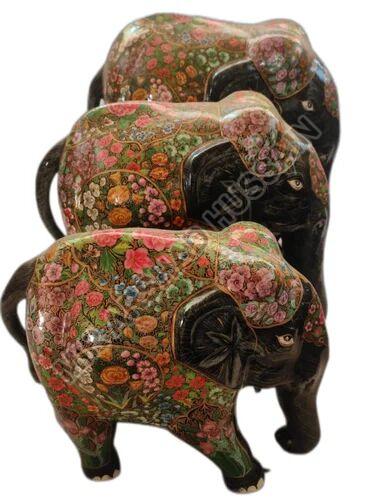 Brown (Base) Polished Printed Wooden Elephant Statue Set, for Decoration, Size : Multisizes