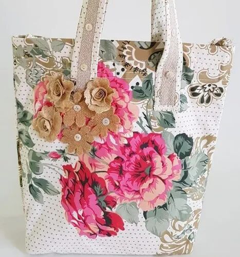 Flower Printed Cotton Jute Bag, Closure Type : Zipper
