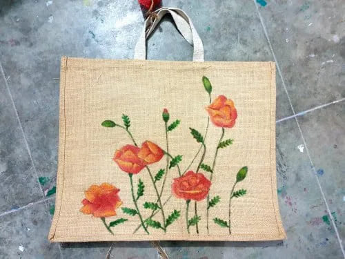 Rectangular Printed Hand Painted Jute Bag, for Shopping Use, Feature : Stylish, High Quality, Durable